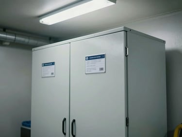 Commercial battery storage cabinet installed in an equipment room, overhead fluorescent lighting, nameplate and conduit visible, no people