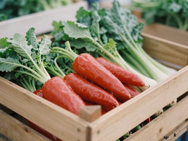 Fresh organic vegetables in a wooden crate, soft overcast daylight, local farm setting