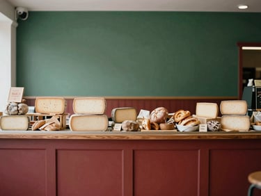Modern food market interior, artisanal cheese and bread displays, clean design, soft light