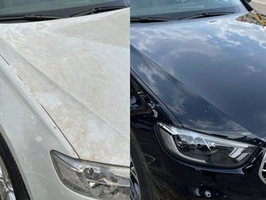 Side-by-side split before-and-after shot of a caravan gelcoat: left side is heavily chalky, faded, and oxidized; right side is restored to a deep glossy mirror reflection, high contrast, 35mm