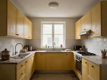 Straight-on wide architectural shot of an outdated, dark kitchen with yellow oak cabinets and cluttered countertops, dim artificial light.