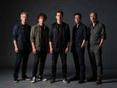 A wide, low-key studio portrait of five creative directors arranged at asymmetrical heights, dramatic chiaroscuro lighting from the side, deep charcoal background.