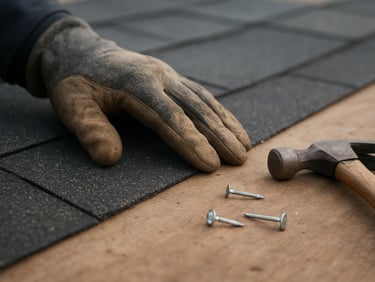 Close-up documentary shot of a roofer's gloved hands pressing down a shingle onto a roof deck in natural overcast daylight, roofing nails and a hammer visible nearby on the surface