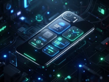Sleek 3d render, dark-mode tech aesthetic, neon blue and green accent lighting, high-contrast glassmorphism, isometric angle of a floating Android device displaying responsive widgets.