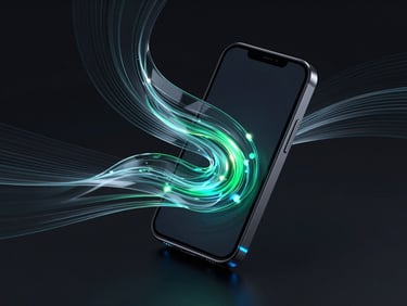 Sleek 3D render of abstract glassmorphic data flows swirling around a dark metallic mobile frame, neon blue accent lighting, isometric angle