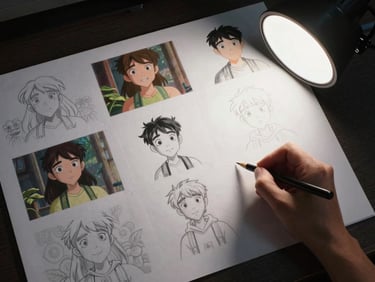 Close overhead flat-lay of animation cels and hand-drawn character sketches on a dark drafting table, studio strobe light raking across the paper surface, pencil marks and inked outlines visible in sharp detail