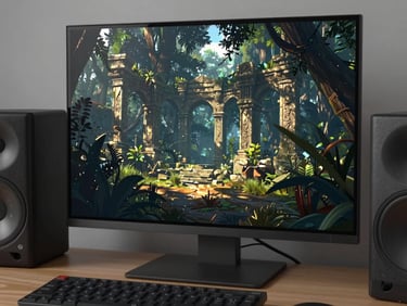 Studio monitor displaying a richly detailed game environment concept art — carved stone architecture and deep forest canopy — studio strobe reflected faintly in the screen, keyboard and stylus in the foreground