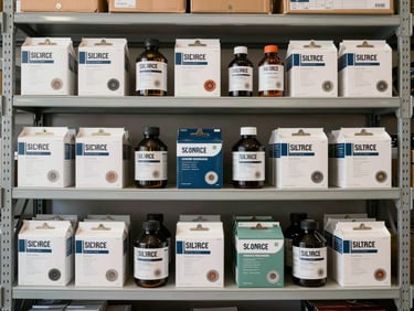 Wide overhead flat-lay of multiple product SKUs arranged in organized rows on a clean warehouse shelf, neutral daylight illumination, clipboard with checklist visible at frame edge, no people