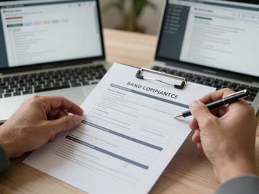Hands reviewing a printed brand compliance checklist on a desk beside a laptop showing a marketplace listing, neutral daylight, close-medium framing, no faces