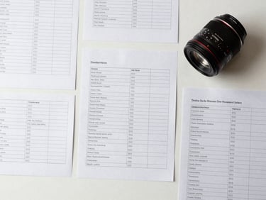 Overhead flat-lay of organized product SKUs on a white studio surface with printed listing spec sheets alongside, neutral daylight, no people
