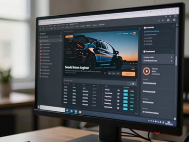 Close-up of a monitor displaying a digital advertising campaign dashboard with campaign performance metrics, neutral office environment, daylight from a side window, no faces