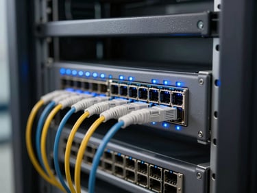 Extreme close-up of a neatly dressed server rack with blue LED diagnostic lights, clean fiber optic terminations running into a managed switch, cool industrial lighting.