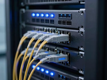 Extreme close-up of a neatly dressed enterprise server rack with glowing blue LED status lights, high-contrast cool industrial lighting, sharp detail on fiber optic connections.