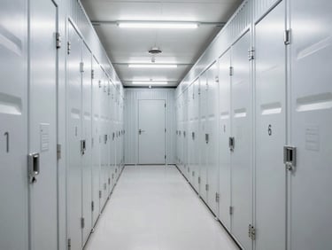 A pristine, climate-controlled storage corridor in Dubai with numbered steel doors, bright overhead LED lighting, perfectly organized.
