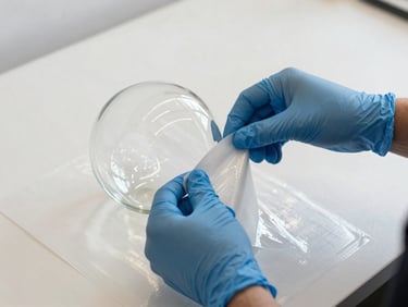 Hands in blue protective gloves carefully wrapping a fragile glass sculpture with heavy-duty protective wrap, clean studio lighting.