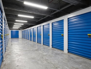 Wide-angle interior of a modern, immaculate Dubai storage facility with clean concrete floors, featuring rows of secure blue storage units with high-visibility yellow markings under bright industrial LED lighting.