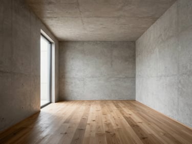 Straight-on architectural interior shot of a minimalist concrete and oak room, soft diffused natural light from a side window, strict one-point perspective, clean lines, no distortion.