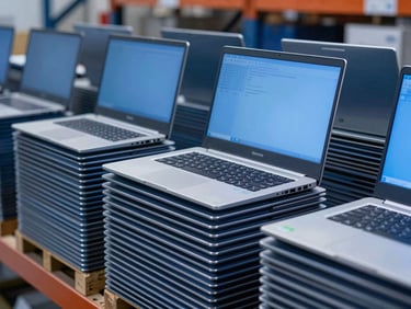 Close-up of clean warehouse logistics with organized stacks of enterprise laptops under cool studio lighting, deep blue tones