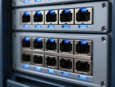 Macro shot of high-end server rack ports with blue and metallic silver indicator lights, clean industrial photography, 50mm lens, sharp focus