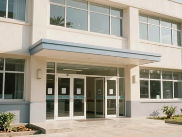 Exterior shot of a modern, clean hospital building with natural light, focus on the entrance, 35mm lens.