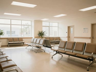 Interior view of a bright, spacious hospital waiting area with comfortable seating and natural light, no faces visible, 35mm lens.