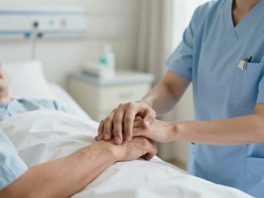 A nurse gently holding a patient's hand in a clean, well-lit hospital room, focusing on the supportive gesture, 35mm lens.