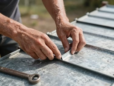 Vue rapprochée de mains d'artisan ajustant une pièce de zinc de toiture, outils traditionnels, lumière naturelle douce.