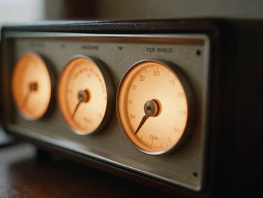 A close-up of a vintage amateur radio transceiver dial glowing with warm orange light in a dimly lit operator shack, soft depth of field