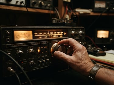 A close-up of a vintage ham radio transceiver's backlit frequency dial, glowing warm amber in a dimly lit operator shack, hands adjusting the dial, warm documentary style, 35mm film.