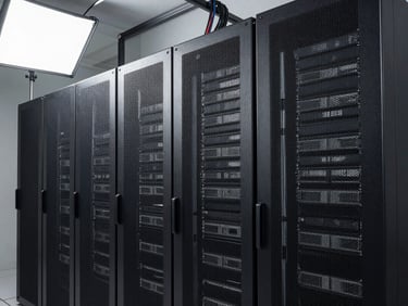 High-resolution wide shot of a full server installation in a client environment, multiple rack enclosures side by side, overhead cable management visible, studio strobe lighting, no people