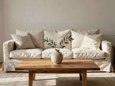 Straight-on architectural shot of a sun-drenched Melbourne living room, soft morning daylight illuminating a cream linen sofa, oak coffee table, and subtle olive branch in a ceramic vase.