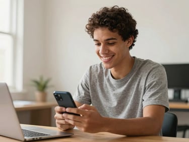 Jovem trabalhador CLT brasileiro sorrindo, olhando para o celular com o aplicativo do FGTS aberto, em um ambiente de trabalho casual e iluminado. Luz natural, tons suaves.
