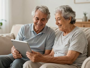 Casal de idosos brasileiros sorrindo, sentados no sofá de casa, com um tablet na mão, conversando com um consultor financeiro (fora de quadro). Ambiente aconchegante, luz natural.