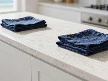 Close-up of a sunlit natural stone countertop in a white kitchen, reflecting bright daylight, neatly folded linen nearby.
