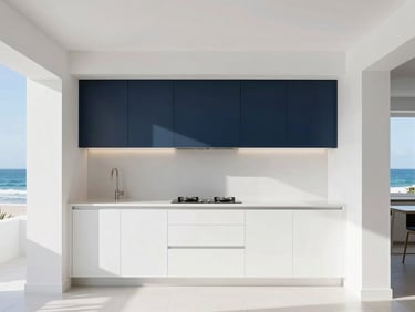 Empty, pristine luxury kitchen with bright white cabinets and polished fixtures, sunlit architectural framing.