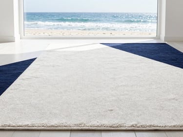 Crisp freshly vacuumed carpet lines on a high-end wool rug, bright natural coastal daylight, sharp focus, 35mm