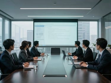 Executive team collaborating in a modern, high-tech boardroom, digital projections on glass walls, cinematic wide-angle, cool-toned natural light, premium editorial photography, deep obsidian and metallic tones, highly detailed, 35mm