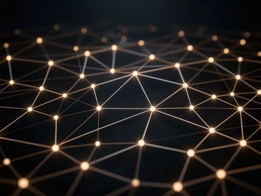 Abstract digital network visualization, glowing nodes and connections, deep obsidian background, high-resolution, premium editorial photography, deep obsidian and metallic tones, cinematic wide-angle, highly detailed, 35mm