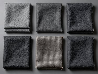 Overhead lay-flat of folded premium fabric swatches—wool and structured weave—arranged in a precise grid on a cool grey neutral surface, studio strobe light revealing weave texture