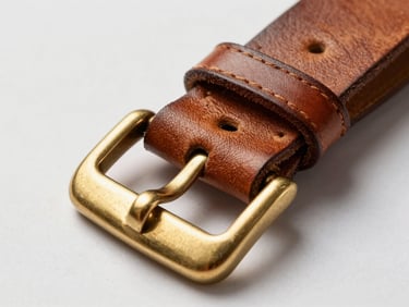 Macro detail of leather goods hardware—a polished brass buckle on a thick vegetable-tanned strap, studio strobe revealing grain and edge finishing on a neutral white surface