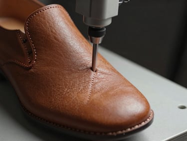Macro close-up of a leather sole being stitched on a precision industrial machine, cool studio strobe lighting revealing the grain texture and thread detail, neutral dark background, no human hands visible, documentary equipment framing