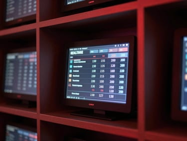 Close-up of a sleek digital display integrated into a minimal retail shelving unit, displaying real-time stock updates, low-ambient environment with red neon glow.