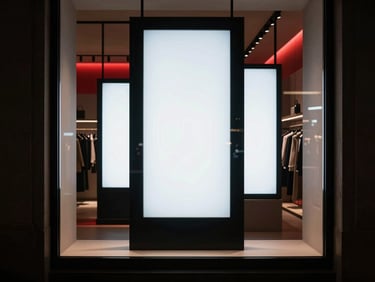 Vertical retail display screen in a high-end fashion boutique window, sharp architectural framing, moody low-ambient light