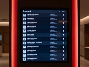 Sleek digital directory screen in a modern clinic lobby, soft red accent lighting, clean architectural environment