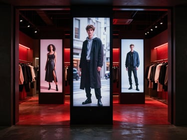 Vertical digital totem display inside a modern apparel store, displaying dynamic fashion video, soft red ambient light casting on concrete floor, sharp architectural framing.