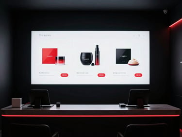 High-resolution digital screen behind a sleek retail checkout counter, showing crisp product promotions, moody dark interior, subtle red LED accent lighting.
