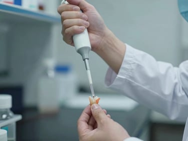 Close-up of a lab technician in a clean laboratory using a pipette to prepare a seafood specimen, cool laboratory lighting, shallow depth of field, 35mm
