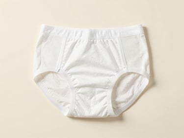 Studio photograph of unbranded adult incontinence brief, clean clinical layout, neutral cream background, soft shadows.