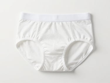 High-key studio product photography of a premium unbranded white adult protective brief, clean clinical style