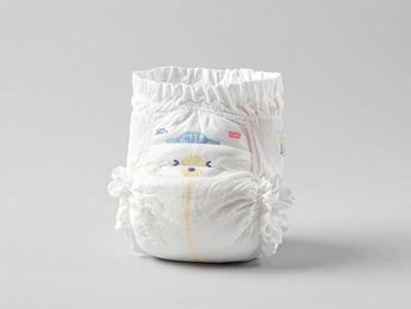 Clinical studio shot of an unbranded white baby diaper on a soft neutral gray background, high-key lighting